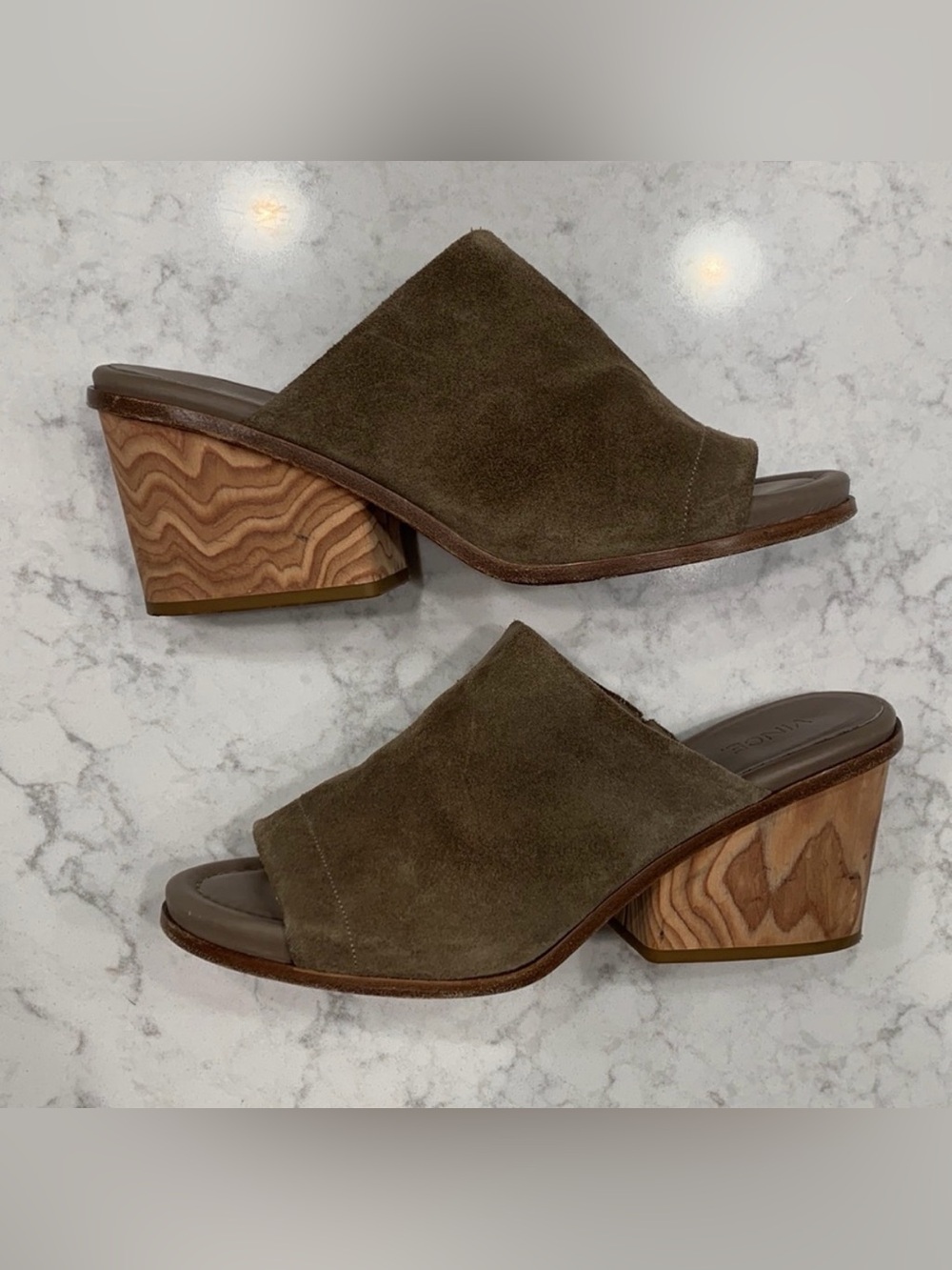 Vince | Tilda Burl Wooden Suede Mule Open Toe Mike in Pumice